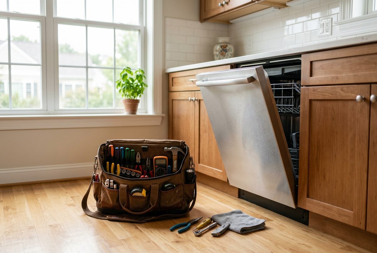 Appliance repair technician at work